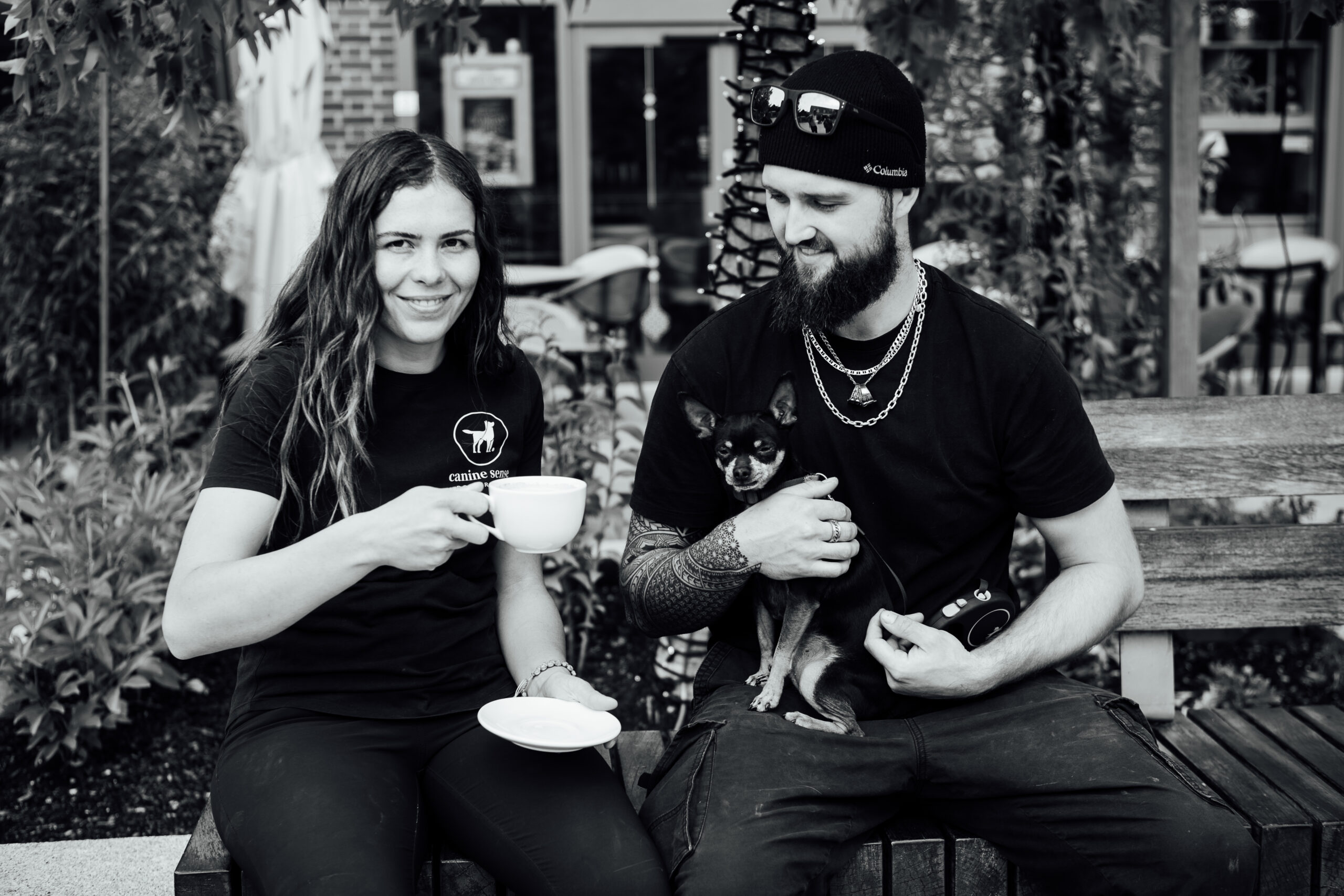 Dog Trainer Flurina having coffee in the photo shoot with her husband